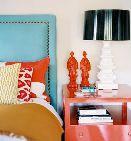 Orange-Nightstand-Turquoise-Headboard