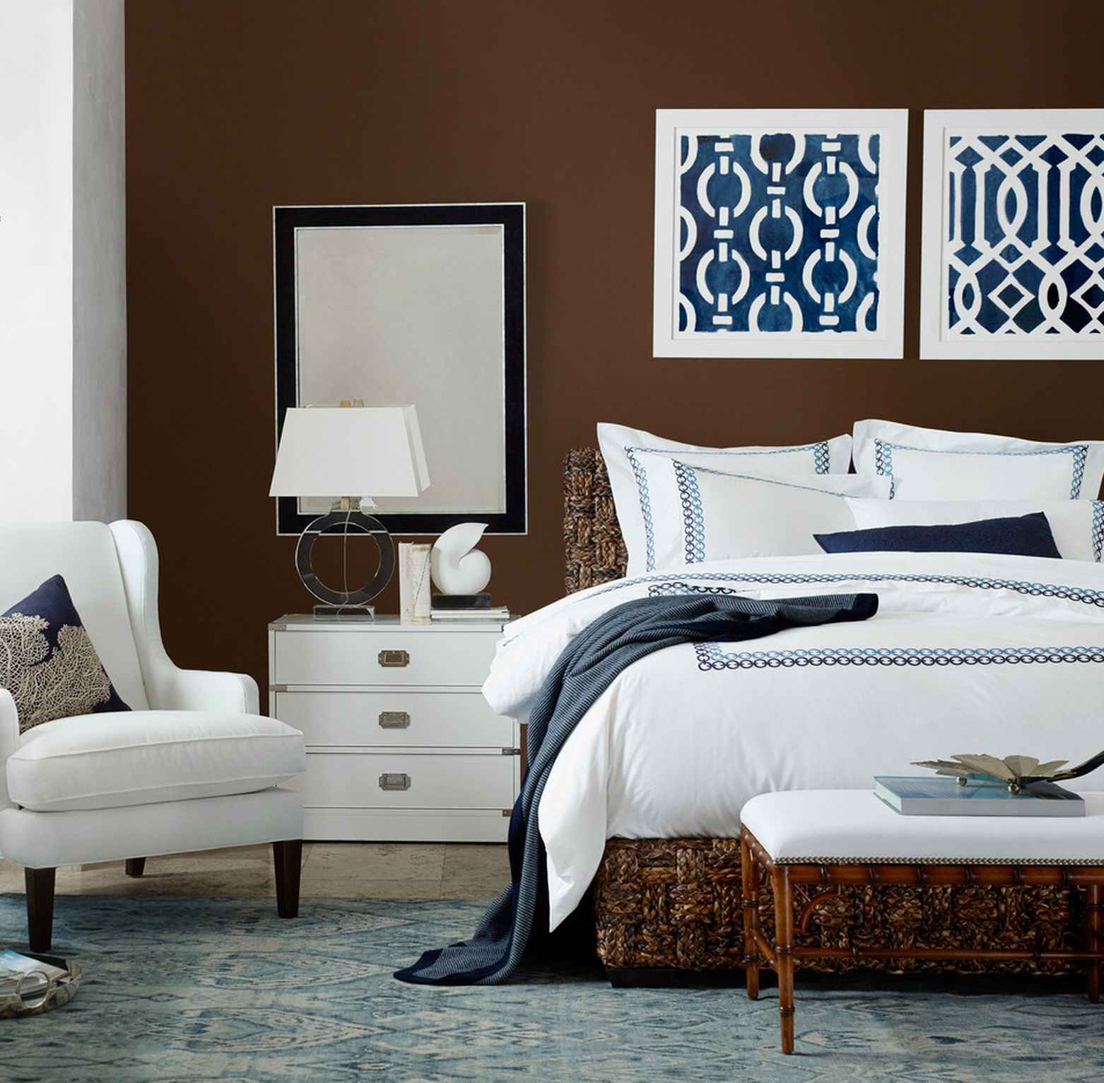 Navy, Brown & White Bedroom Design